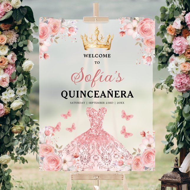 Blush Pink Gold Princess Quinceañera Welcome  Acrylic Sign (Creator Uploaded)