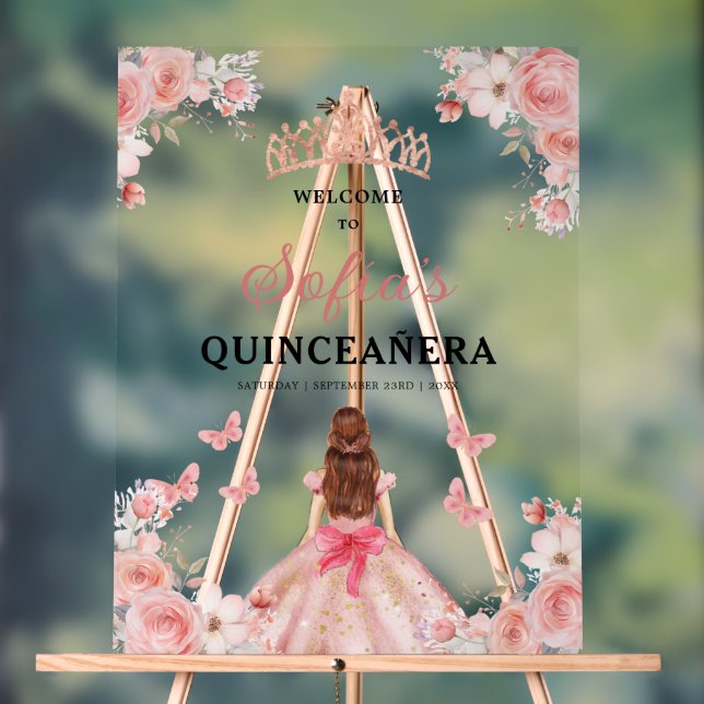 Blush Pink Gold Princess Quinceañera Welcome  Acrylic Sign (Neutral)