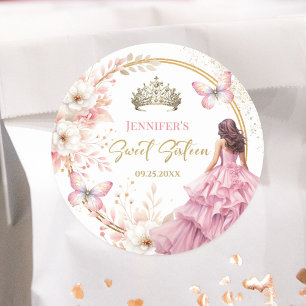 Blush Pink Gold Princess Tiara Floral Sweet 16 Classic Round Sticker