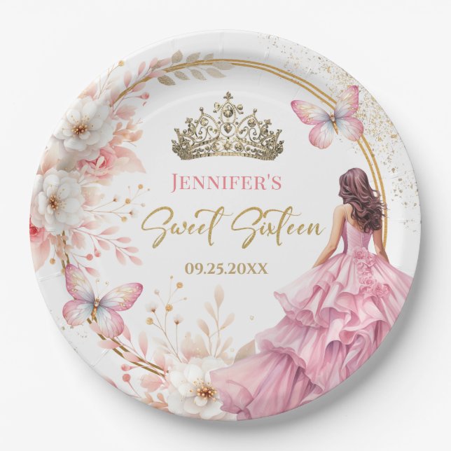 Blush Pink Gold Princess Tiara Floral Sweet 16 Paper Plate (Front)