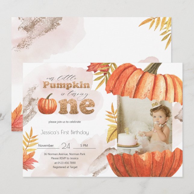 Blush Pink Gold Pumpkin First Birthday With Photo Invitation (Front/Back)