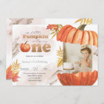 Blush Pink Gold Pumpkin First Birthday With Photo Invitation<br><div class="desc">Designed for our Fall Pumpkin Birthday collection,  this customisable Invitation Card features blush pink background,  green & orange pumpkin,  rose gold glitter text & gold leaves with handwriting fonts. Matching items available.</div>