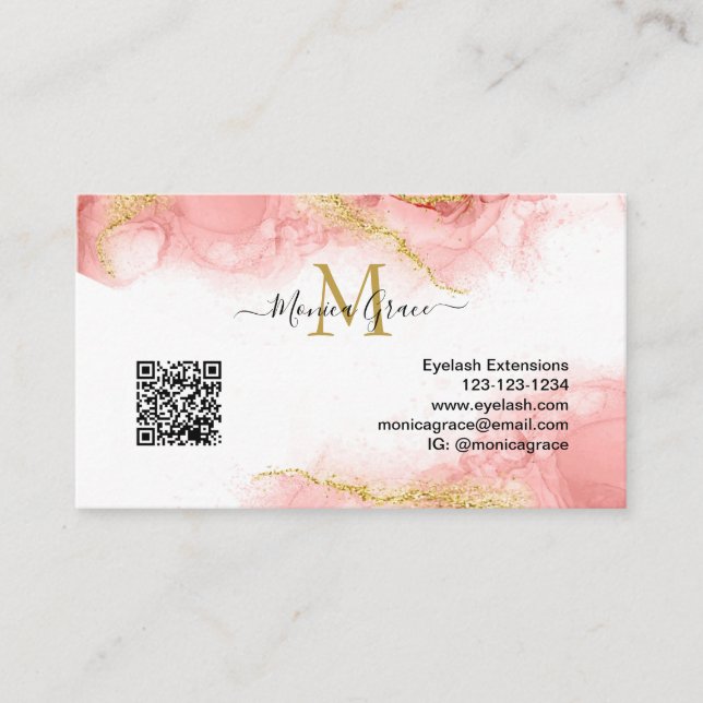 Blush Pink Gold QR Code Custom Logo Agate Monogram Business Card (Front)