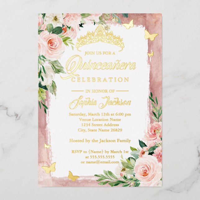 Blush Pink Gold Quinceanera Floral Butterfly  (Front)