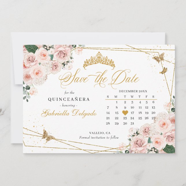 Blush Pink & Gold Quinceañera Save The Date Invitation (Front)
