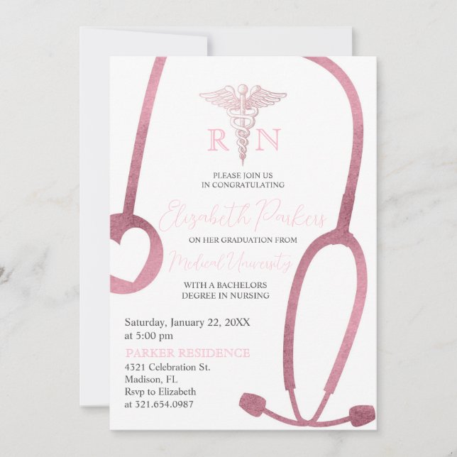 Blush Pink Gold RN Nursing Graduation Party Invitation (Front)