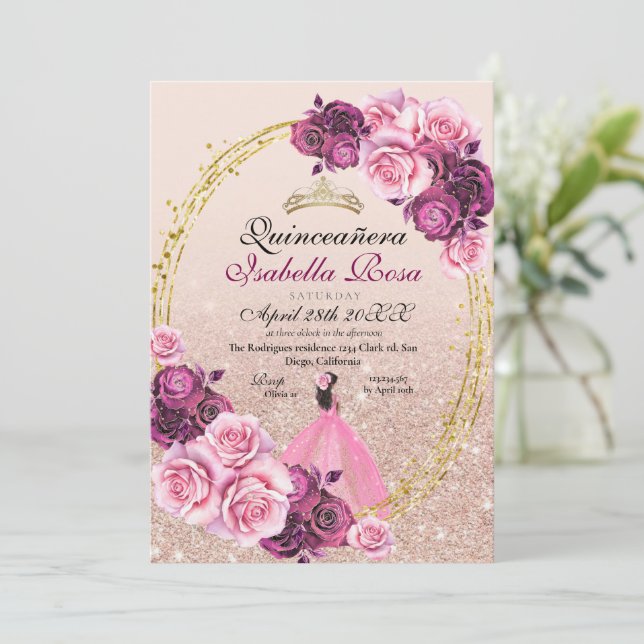 Blush Pink Gold Rose Floral Quinceanera XV Años Invitation (Standing Front)