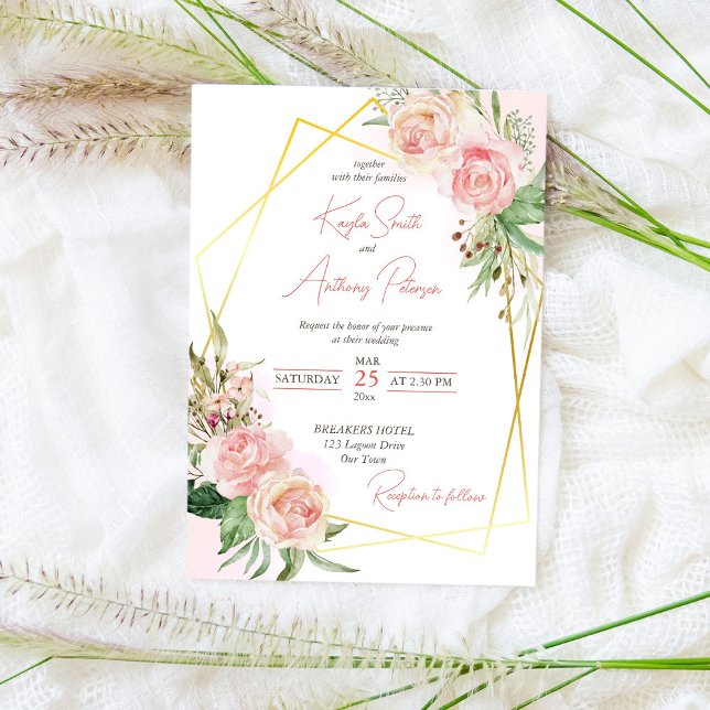Blush pink gold rose floral wedding invite templat (Creator Uploaded)