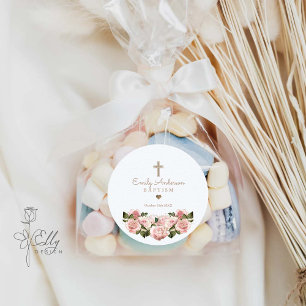 Blush Pink Gold Roses Christening Favour Classic Round Sticker