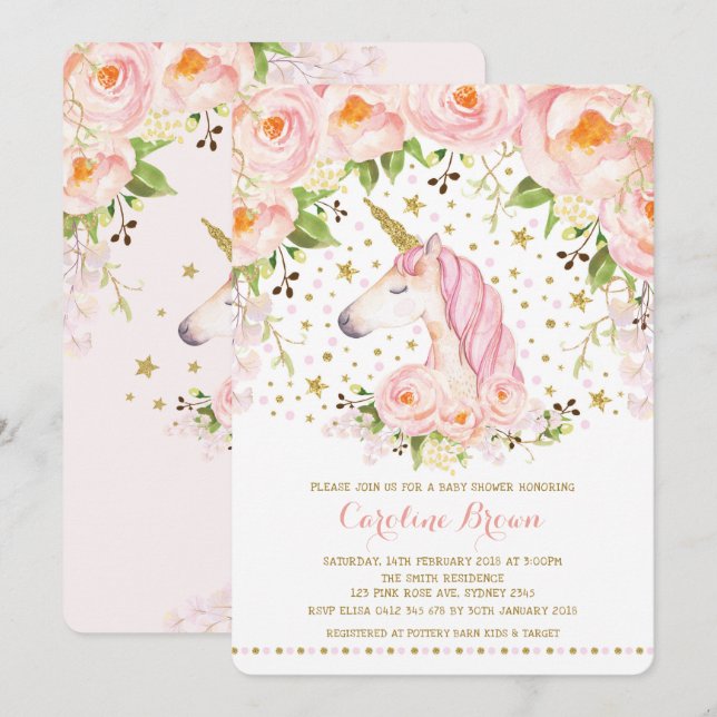 Blush Pink Gold Roses Floral Unicorn Baby Shower Invitation (Front/Back)