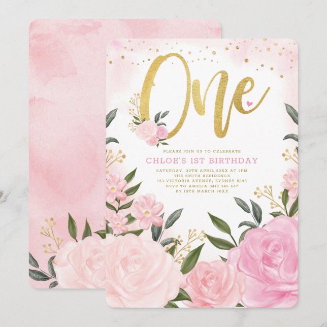 Blush Pink Gold Roses Girl 1st Birthday Invitation (Front/Back)