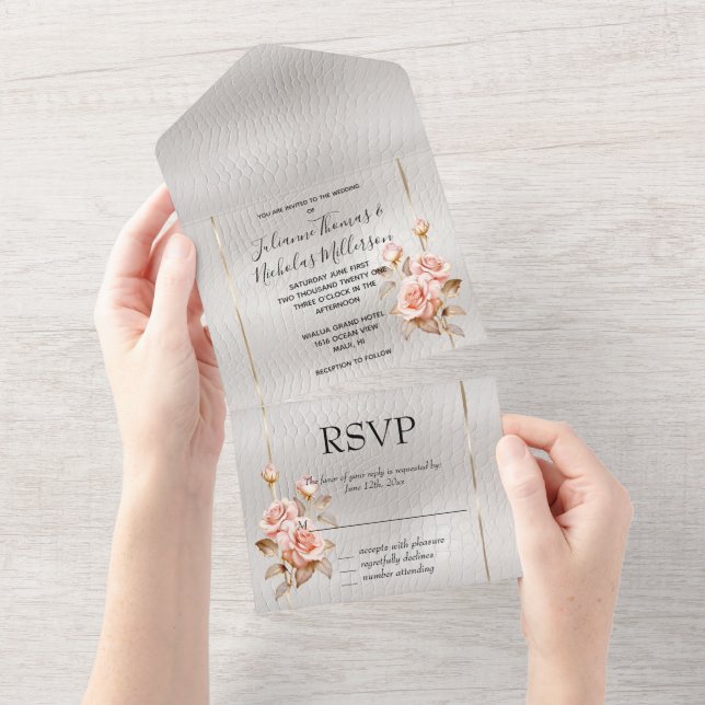 Blush Pink Gold Roses White Faux Leather All In One Invitation (Tearaway)