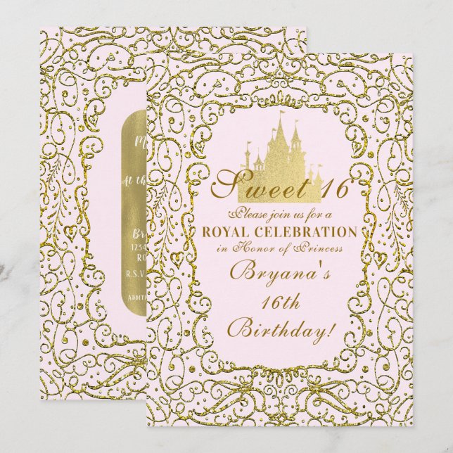 Blush Pink & Gold Royal Castle Princess Sweet 16 Invitation (Front/Back)