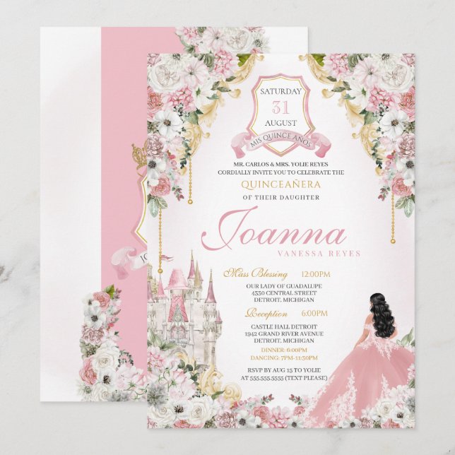 Blush Pink Gold Royal Princess Castle Quinceanera Invitation (Front/Back)