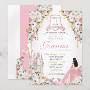 Blush Pink Gold Royal Princess Castle Quinceanera Invitation
