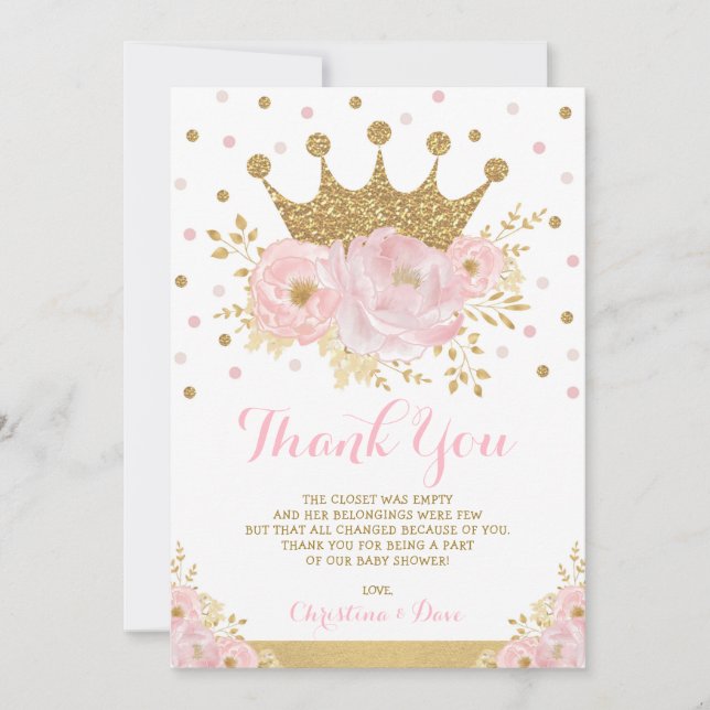 Blush Pink Gold Royal Princess Crown Baby Girl Thank You Card (Front)