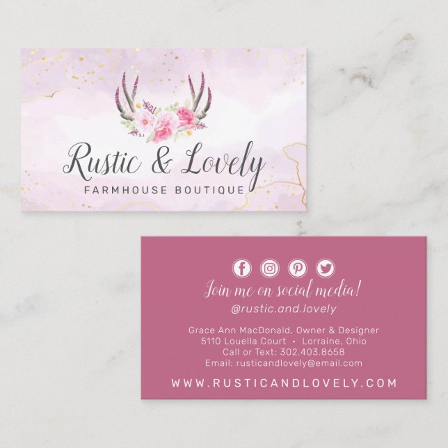 Blush Pink Gold Rustic Floral Antlers Social Media Business Card (Front/Back)