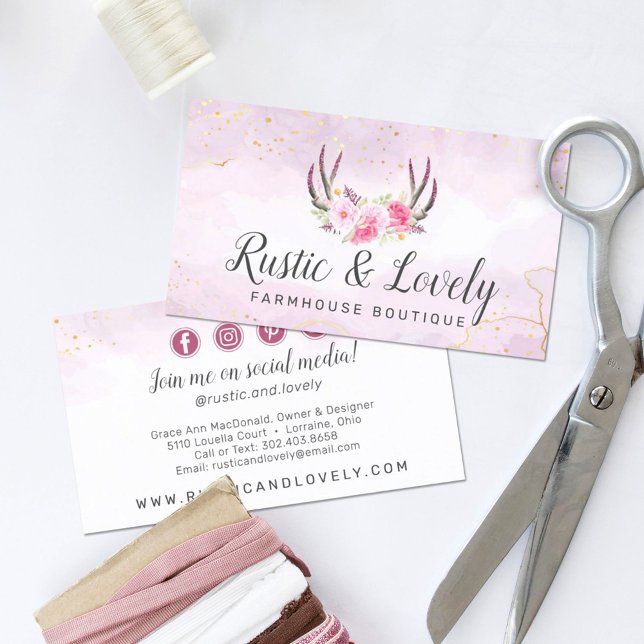 Blush Pink Gold Rustic Floral Antlers Social Media Business Card (Creator Uploaded)