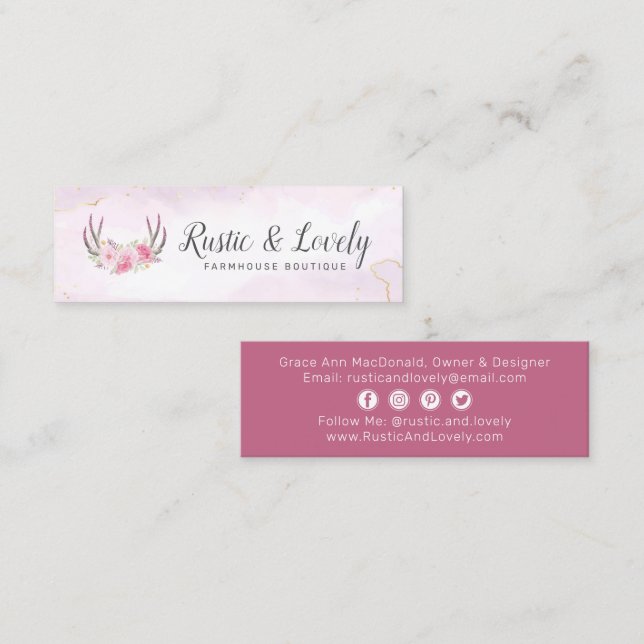 Blush Pink Gold Rustic Floral Antlers Social Media Mini Business Card (Front/Back)