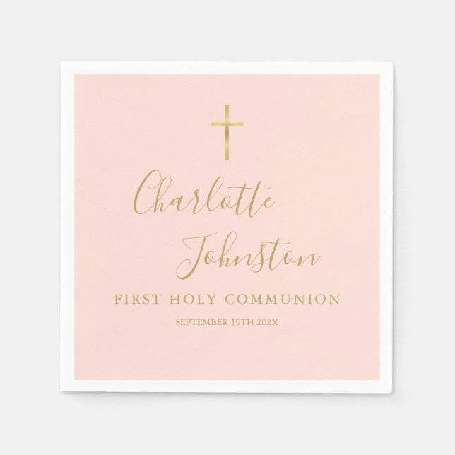 Blush Pink Gold Script First Holy Communion Napkin (Front)