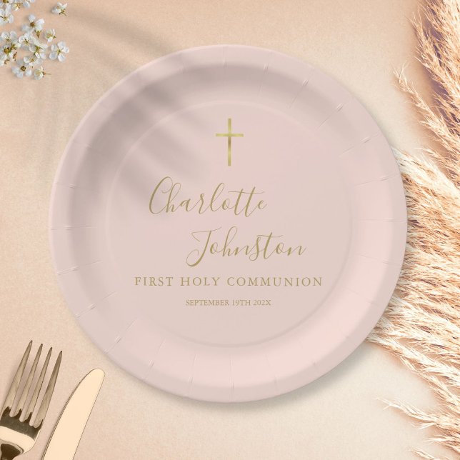 Blush Pink Gold Script First Holy Communion Paper Plate (Creator Uploaded)
