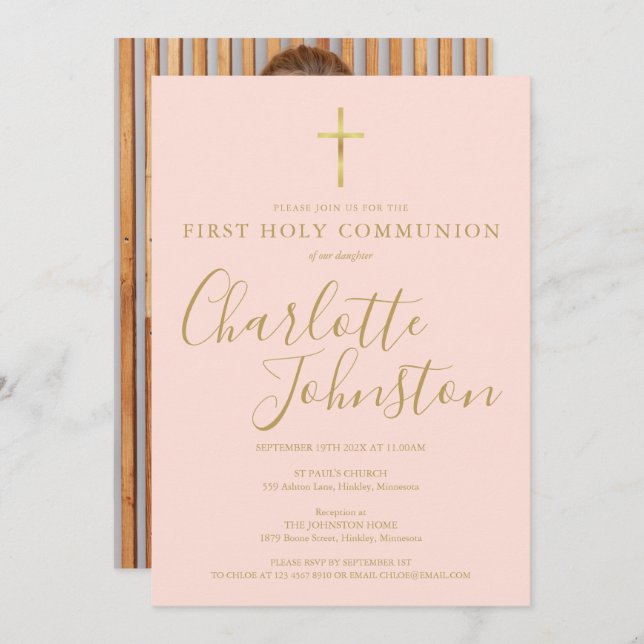 Blush Pink Gold Script First Holy Communion Photo Invitation (Front/Back)