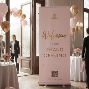 Blush Pink & Gold Script QR Welcome Logo Retractable Banner
