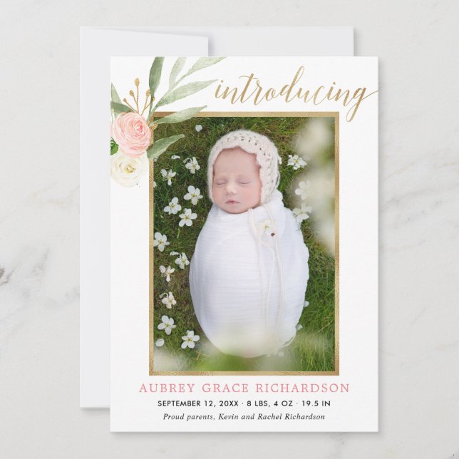 Blush pink gold simple girl birth announcement (Front)