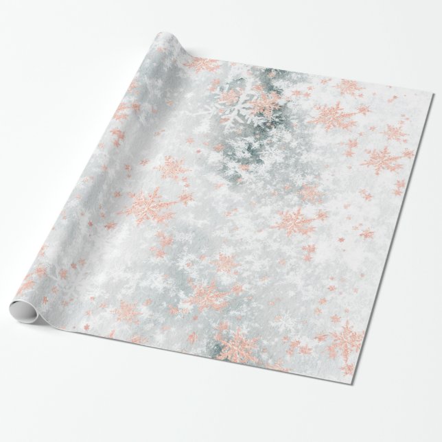 Blush Pink Gold Snowflakes Frozen Lake Ice Wrapping Paper (Unrolled)