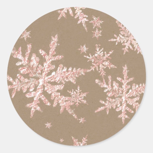 Blush Pink Gold Snowflakes Rustic Kraft Brown Classic Round Sticker (Front)
