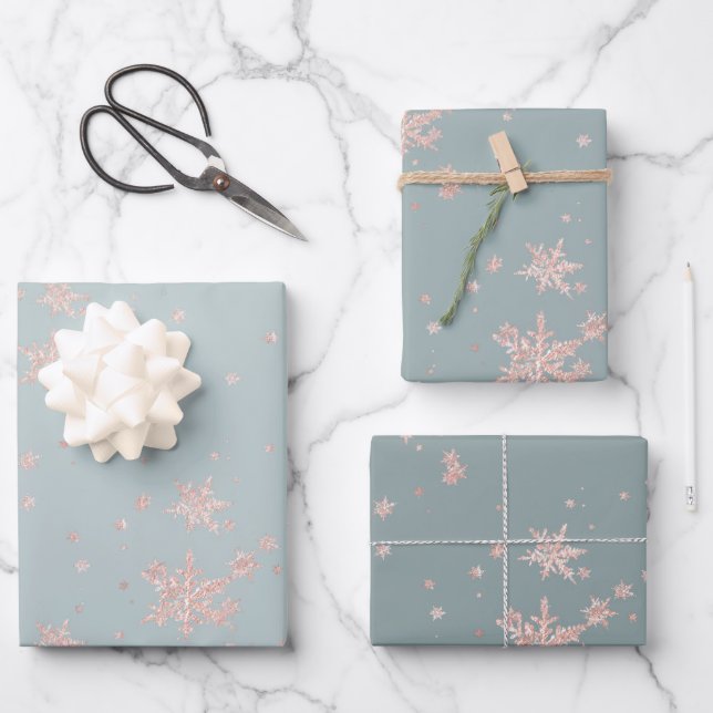 Blush Pink Gold Snowflakes Tones Of Slate Green Wrapping Paper Sheet (Front)