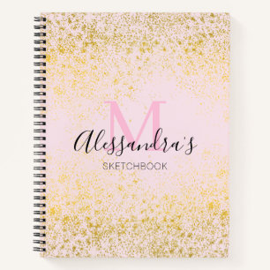 Blush Pink & Gold Sparkle Monogram Name Sketchbook Notebook
