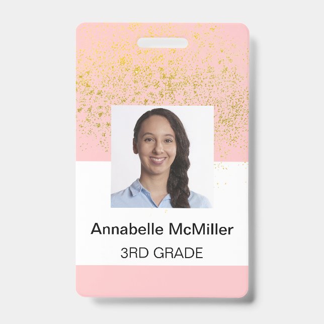 Blush Pink Gold Sparkle Teacher ID Badge (Front)