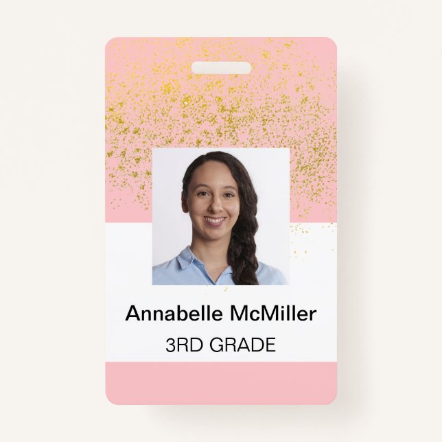 Blush Pink Gold Sparkle Teacher ID Badge (Front)