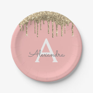 Blush Pink Gold Sparkly Glitter Monogram Birthday Paper Plate