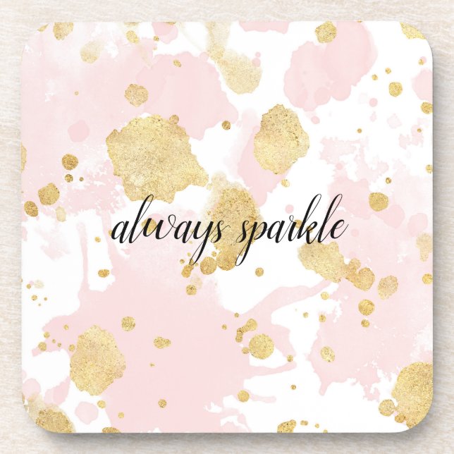 Blush Pink Gold Splatters Abstract Coaster (Front)