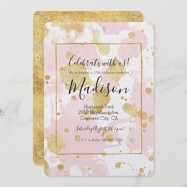 Blush Pink Gold Splatters Abstract Invitation (Front/Back)