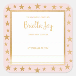 Blush pink gold stars baby shower bookplate square sticker