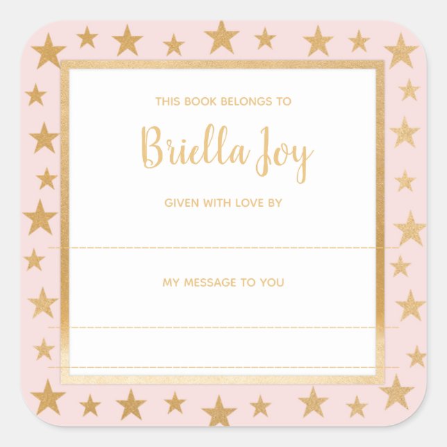 Blush pink gold stars baby shower bookplate square sticker (Front)