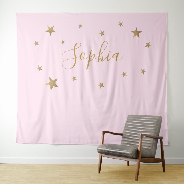 Blush pink Gold Stars Personalised Name backdrop Tapestry (In Situ (Horizontal))