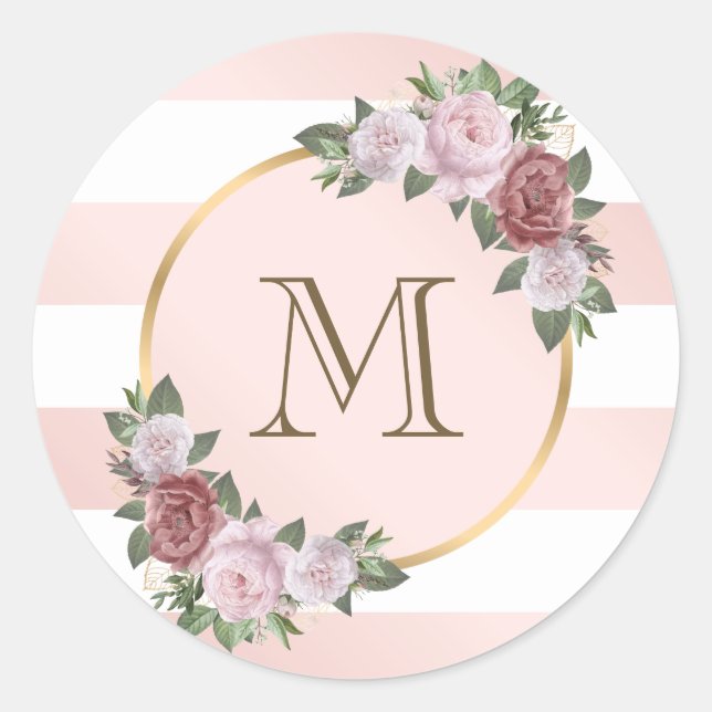 Blush Pink Gold Striped Floral Monogram Classic Round Sticker (Front)
