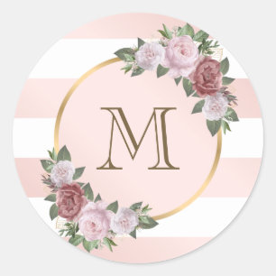 Blush Pink Gold Striped Floral Monogram Classic Round Sticker