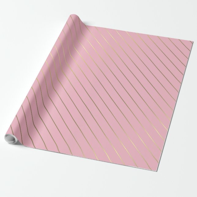 Blush Pink Gold Striped Glam Shiny Design Stylish Wrapping Paper (Unrolled)