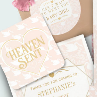 Blush Pink & Gold Swan Heaven Sent Baby Shower Coaster