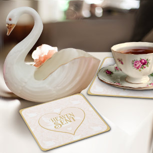 Blush Pink & Gold Swan Pattern for Baby Shower  Square Paper Coaster