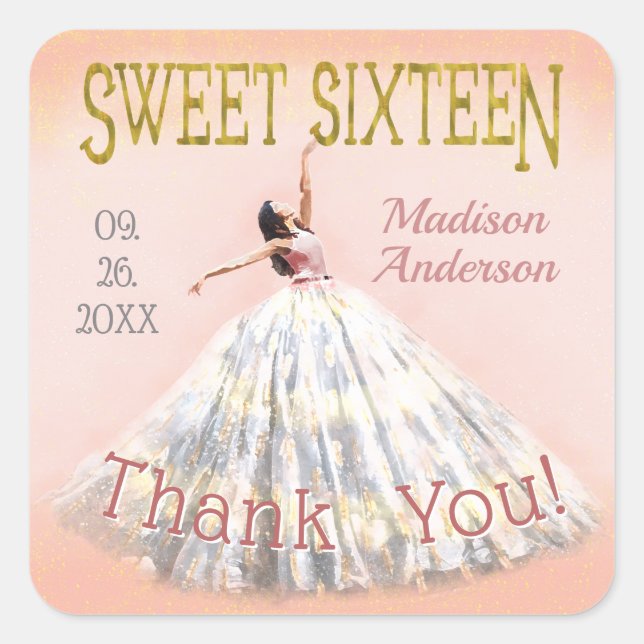 Blush Pink Gold Sweet 16 Birthday Dress Thank You Square Sticker (Front)