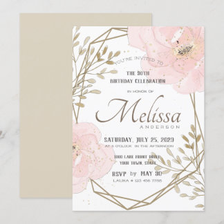 Blush Pink Gold & Taupe Floral Her Birthday Invitation