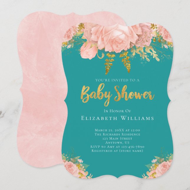 Blush Pink Gold Teal Flower Girl Baby Shower Invitation (Front/Back)