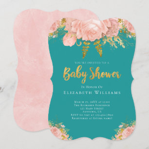 Blush Pink Gold Teal Flower Girl Baby Shower Invitation
