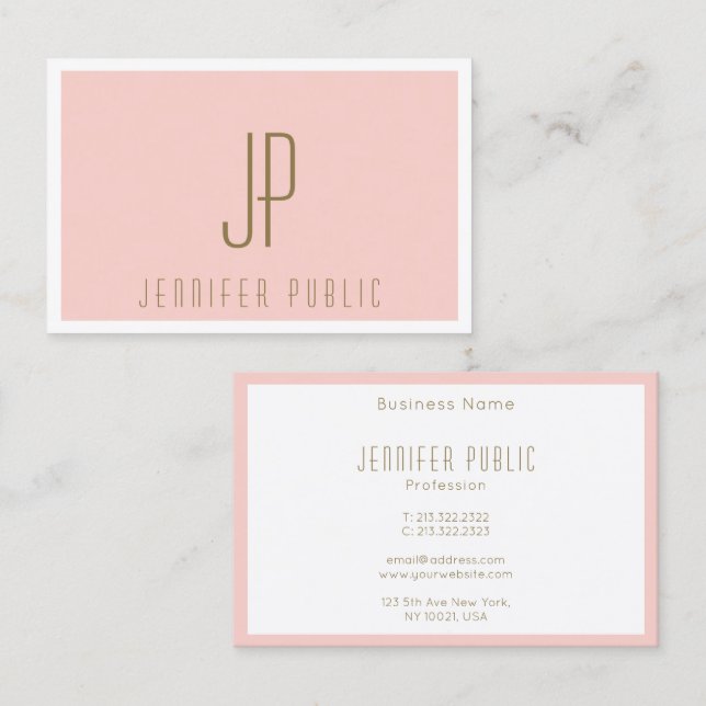Blush Pink Gold Text Modern Template Monogram Business Card (Front/Back)